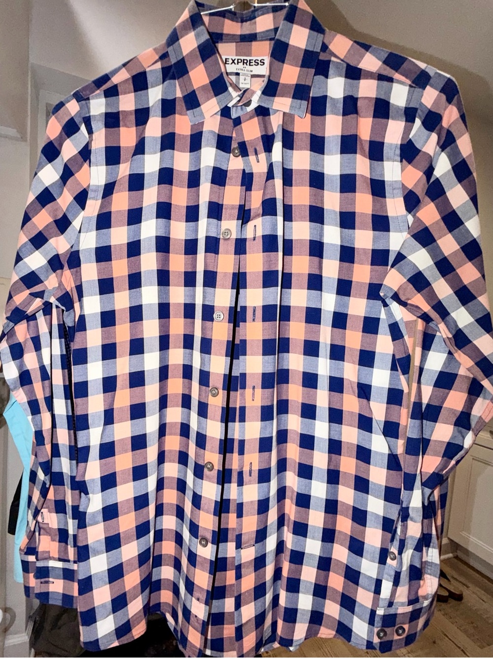 Express Extra Slim Peach, Navy & White Check Button-Up